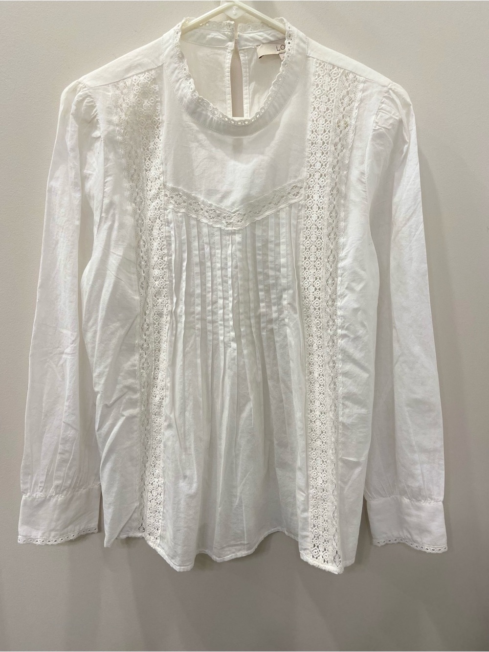 LOFT White Lace Pintuck High-Neck Blouse